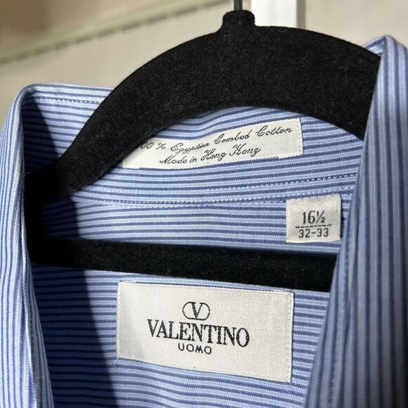 Valentino Button Up Dress Shirt Striped Blue and White Egyptian Cotton 16.5 - Picture 3 of 6